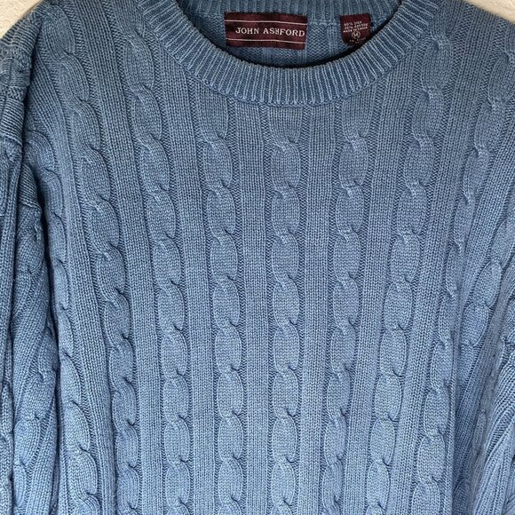 John Ashford Cable Knit Sweater Medium Blue Silk & Cotton Blend Preppy - Picture 4 of 10
